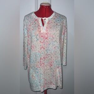 Weekends by Chico’s Women's Pastel Patterned Tie-Neck Tunic Top size 2 large